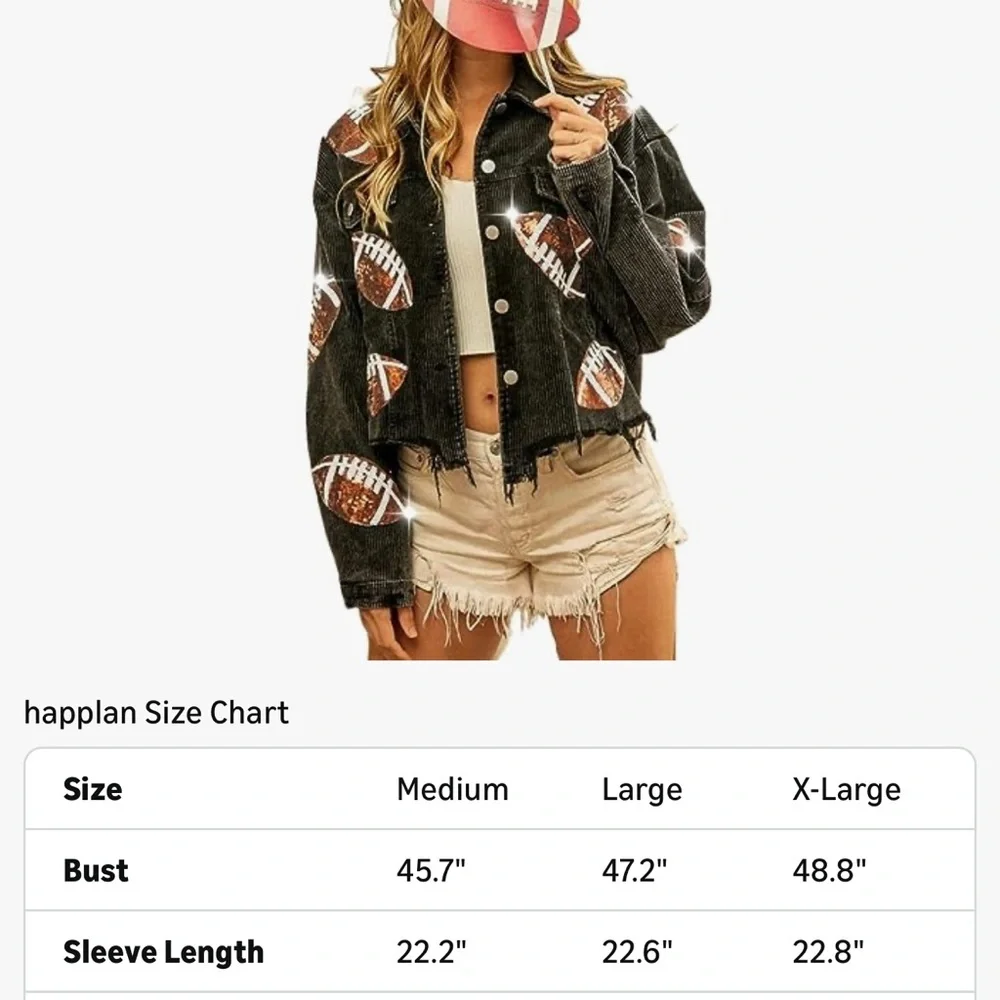 Football Sequin Embroidery Cropped Frayed Hem Corduroy Jacket - Picture 5 of 5